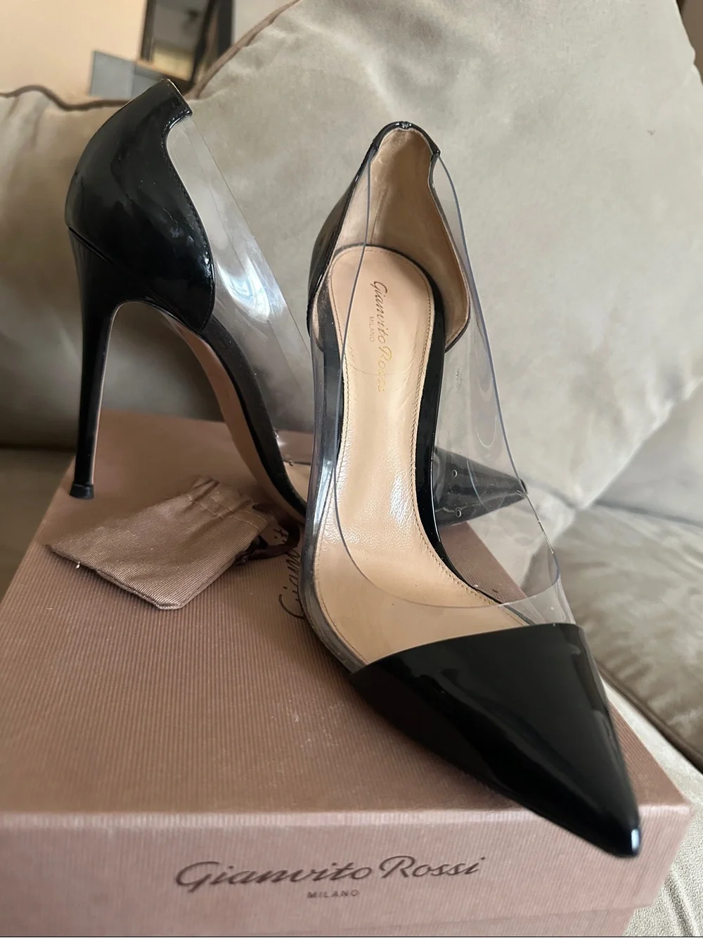 Gianvito Rossi “Plexi” Black Patent Pointed PVC Pump - Picture 9 of 9